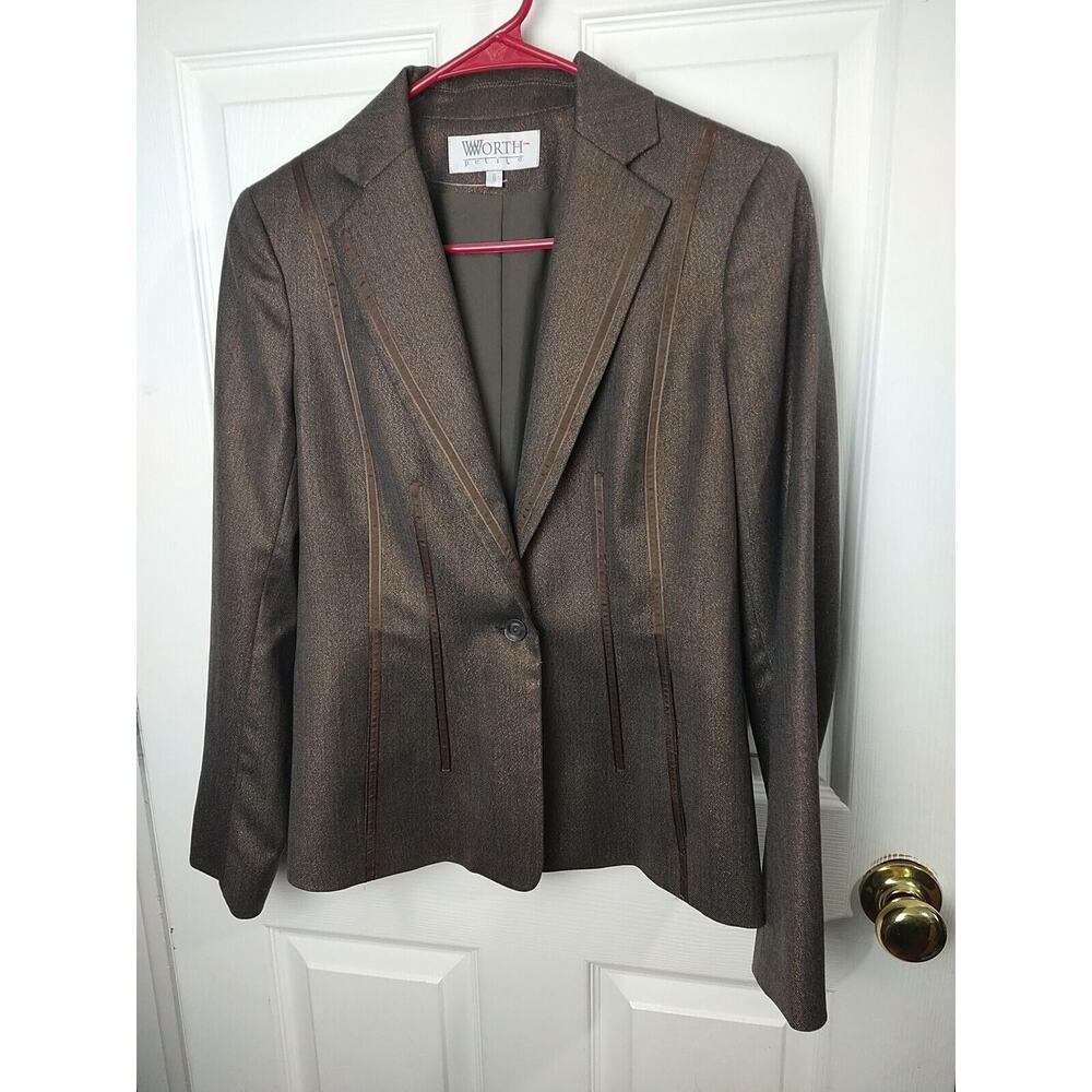 Worth Woman 6P Blazer Brown One Button Lined Wool Metallic Blend Prof Glam Core